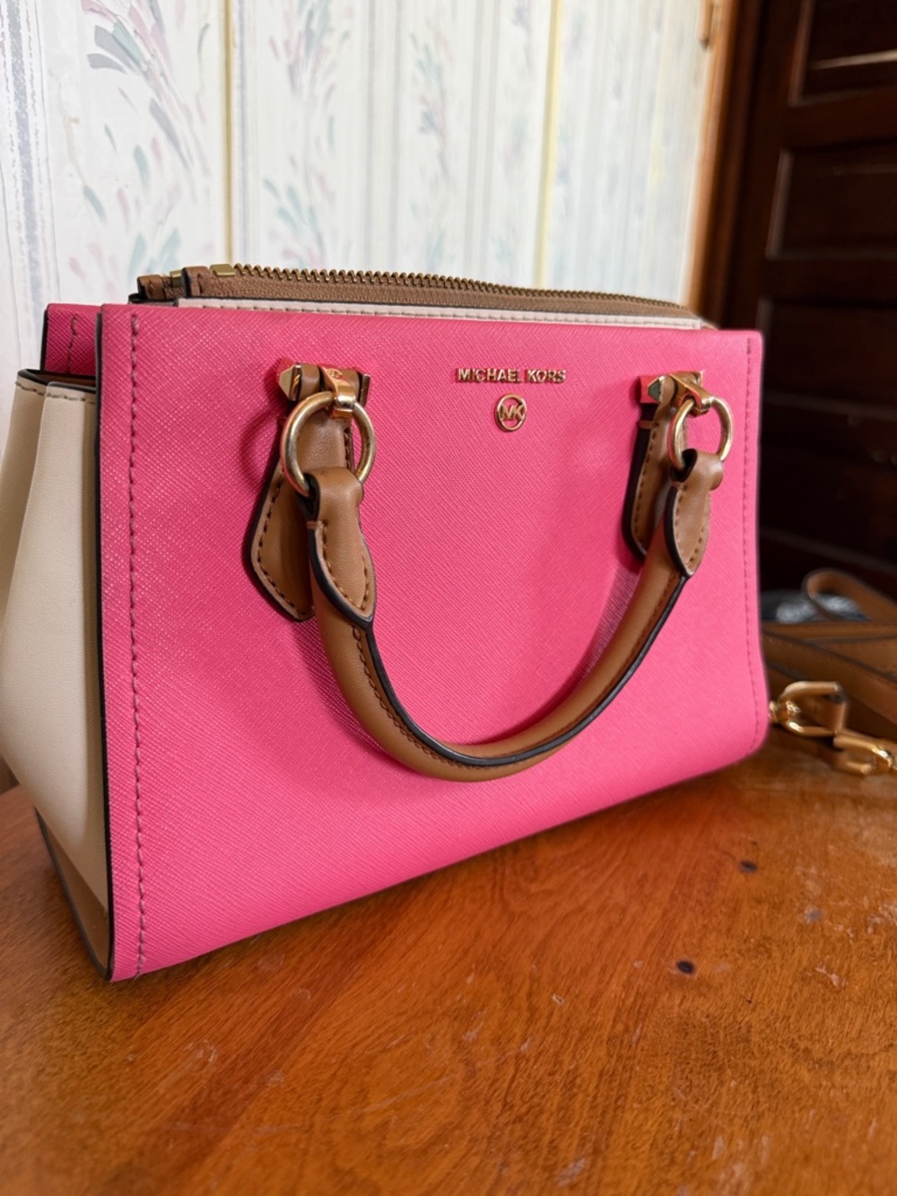 Michael Kors Pink and Cream Saffiano Satchel with Tan Handles